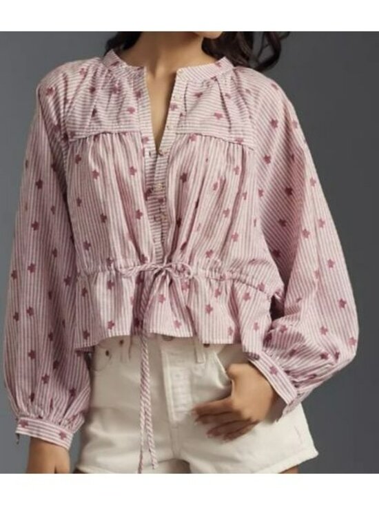 Pilcro Tops - Pilcro Pink Striped & Embroidered Cotton Button-Down Peasant Blouse XL